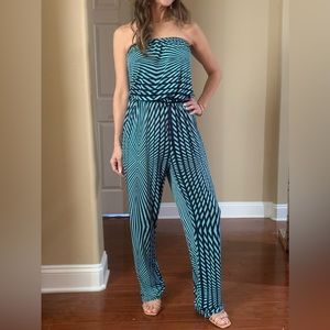 Mlle Gabrielle Bandeau jumpsuit navy blue mint green size S EUC